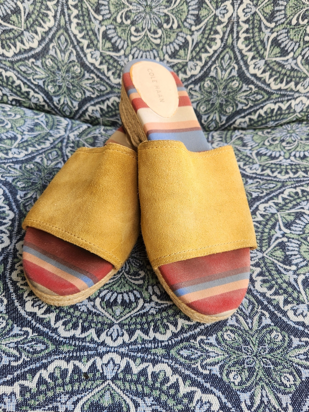 Cole Haan Yellow Suede Espadrille Slide Mules with Multicolor Striped Insole